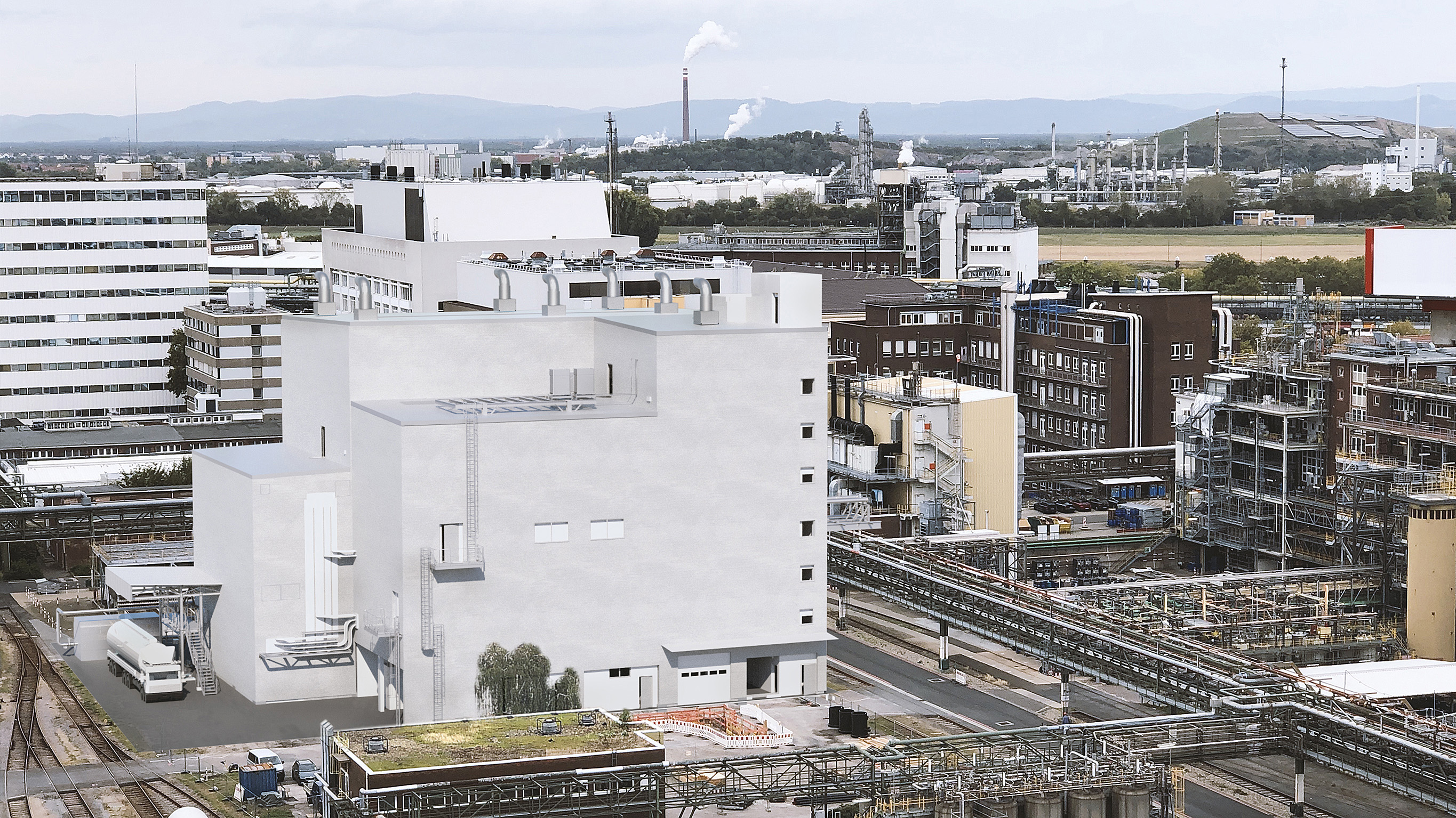 3D-Modell der Fermentationsanlage für biologische und Biotechnologie-basierte Pflanzenschutzmittel Pflanzenschutzprodukte in Ludwigshafen.